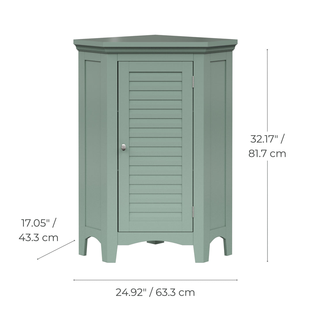 Dimensional graphic of a sage green corner floor cabinet in inches and centimeters.