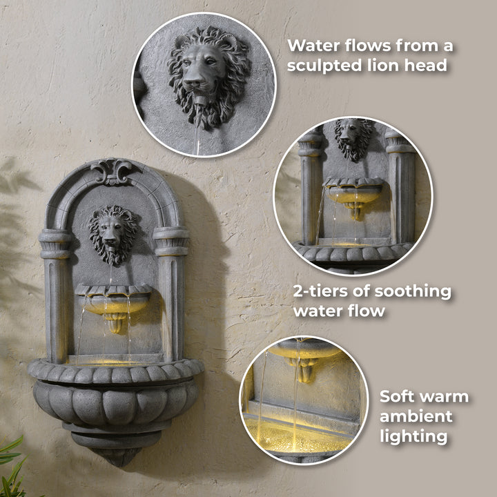 Teamson Home 32" Tiered Lion Head LED Outdoor Water Fountain, Natural Stone