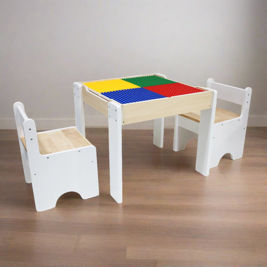 the white lego table is shown in a living room