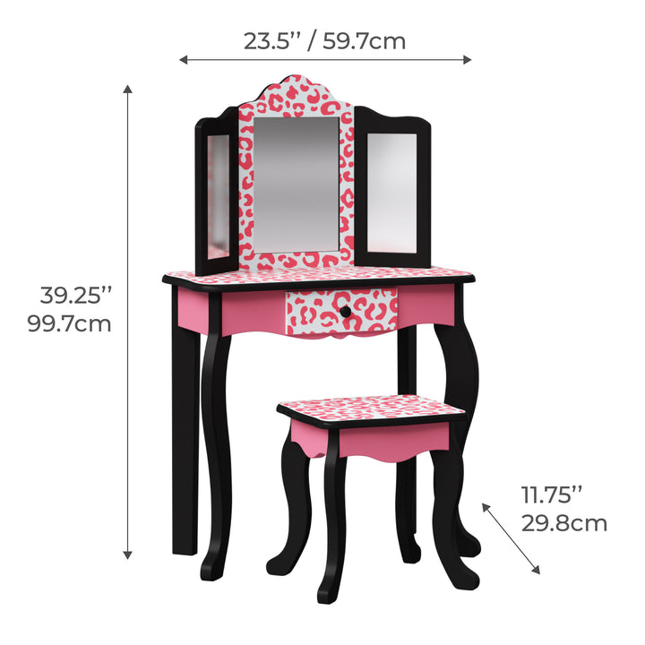 A dimensional graphic for a vanity set in inches and centimeters