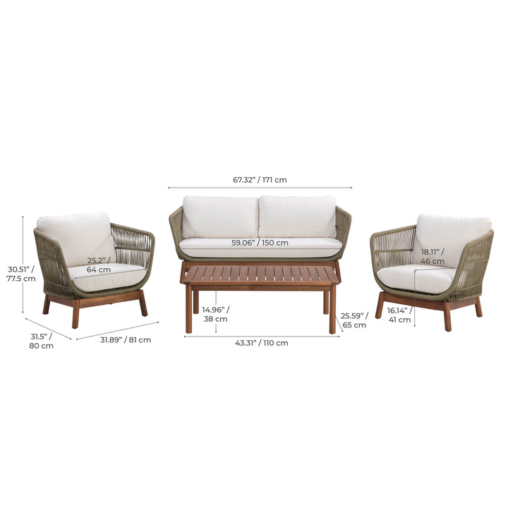 4-Piece Acacia Patio Conversation Set with Cushions, Sage Green & Natural Wood