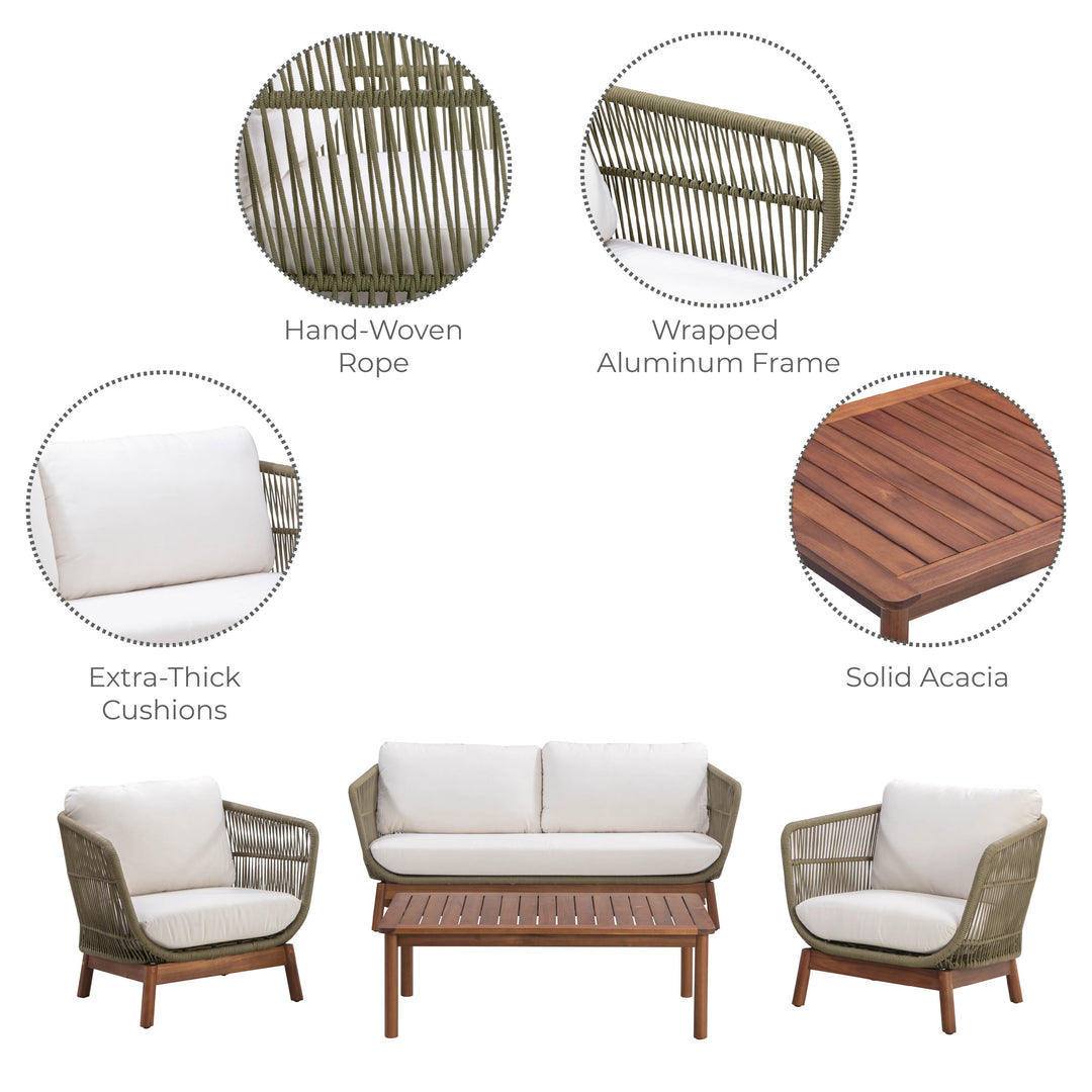 4-Piece Acacia Patio Conversation Set with Cushions, Sage Green & Natural Wood