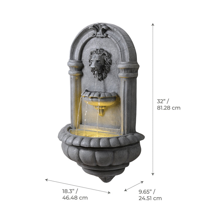 Teamson Home 32" Tiered Lion Head LED Outdoor Water Fountain, Natural Stone