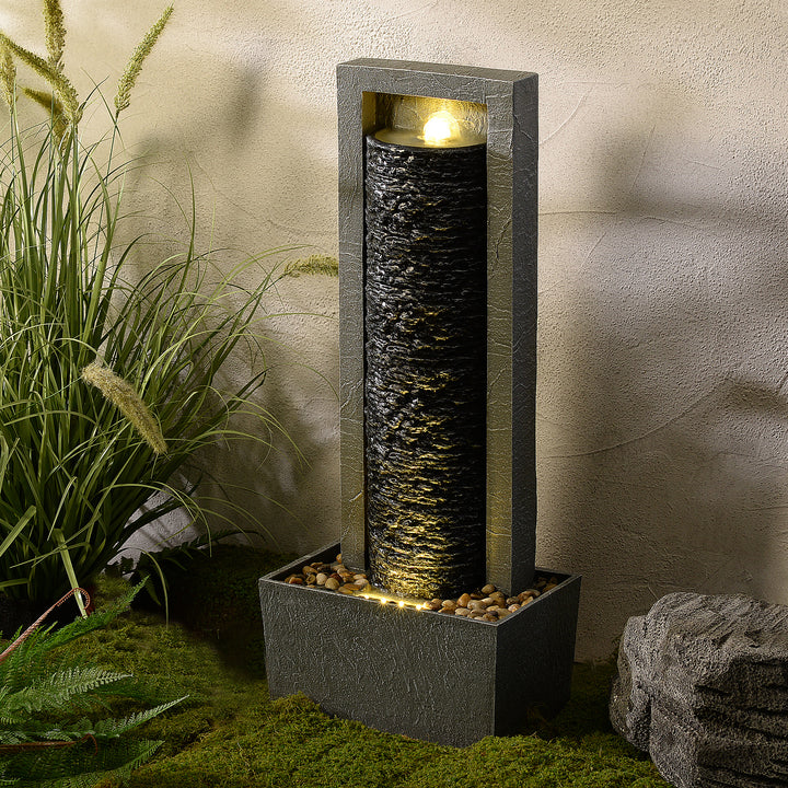 Framed Layered Rock Design Outdoor Water Fountain with Warm Glow Lighting
