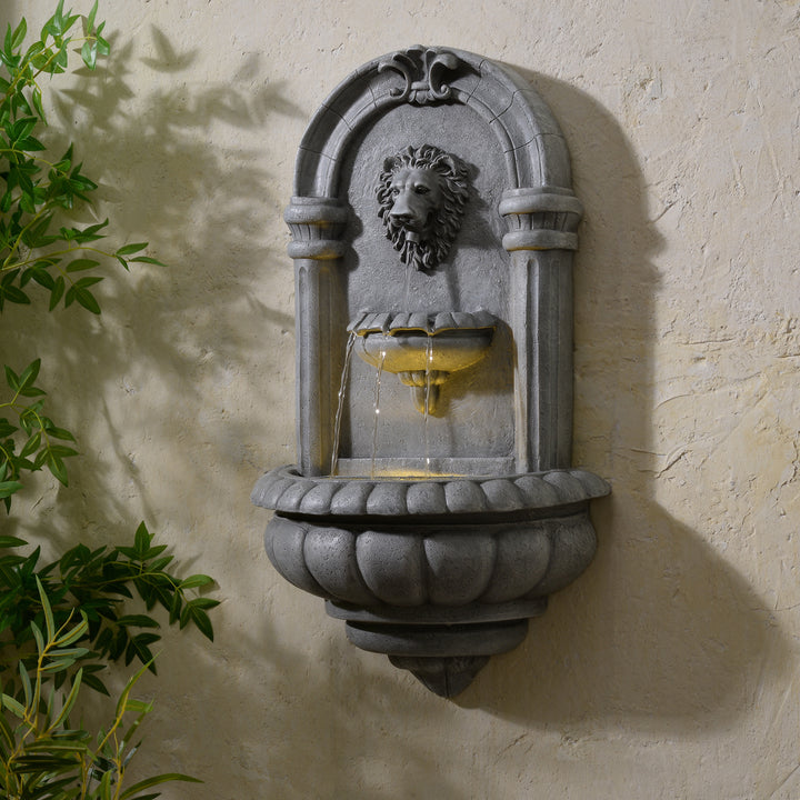 Teamson Home 32" Tiered Lion Head LED Outdoor Water Fountain, Natural Stone