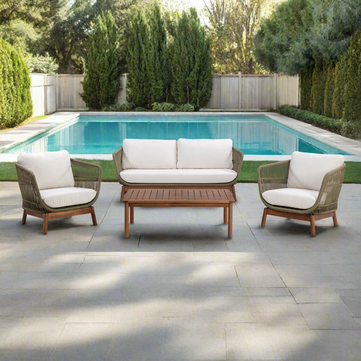 4-Piece Acacia Patio Conversation Set with Cushions, Sage Green & Natural Wood