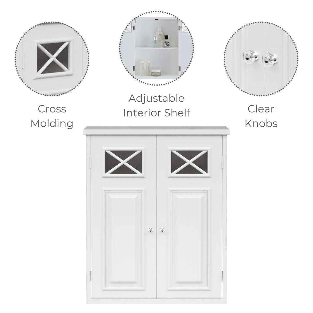 White cabinet with cross molding, adjustable interior shelf, and clear knobs.