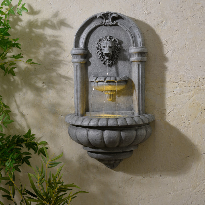 Teamson Home 32" Tiered Lion Head LED Outdoor Water Fountain, Natural Stone