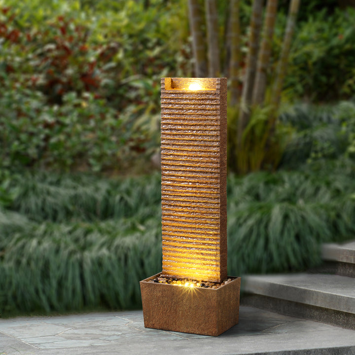 Ridged Texture Outdoor Water Fountain with Warm Glow Lighting