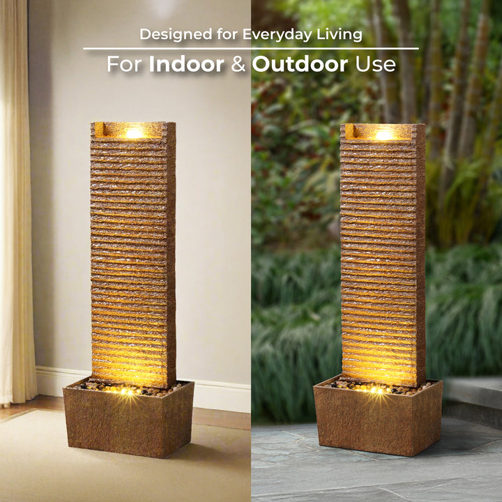Ridged Texture Outdoor Water Fountain with Warm Glow Lighting