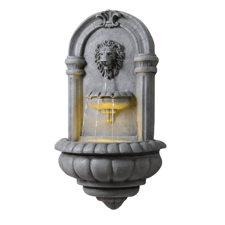 Teamson Home 32" Tiered Lion Head LED Outdoor Water Fountain, Natural Stone