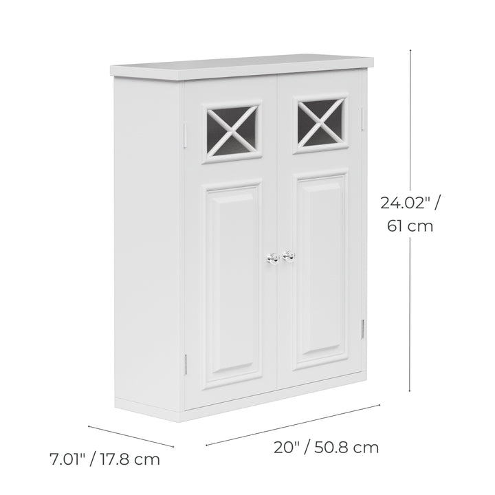 White cabinet with double doors, featuring cross-patterned glass panels and round knobs. Dimensions: 24.02" (61 cm) tall, 20" (50.8 cm) wide, 7.01" (17.8 cm) deep.