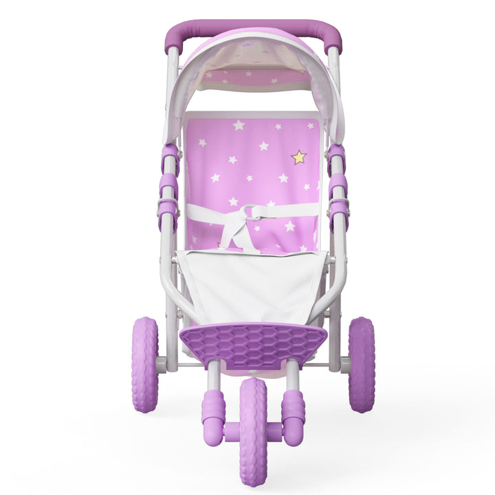 An Olivia's Little World purple Twinkle Stars Doll Jogging Stroller view from the front