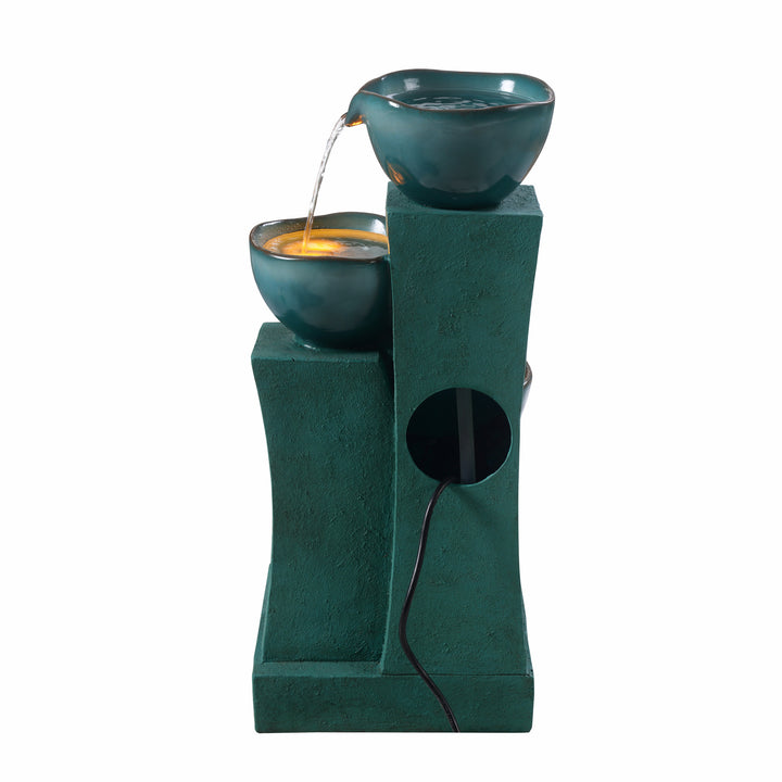 A view of the back of the 3-Tier Outdoor Water Fountain with LED Lights, Green, isolated on a white background.