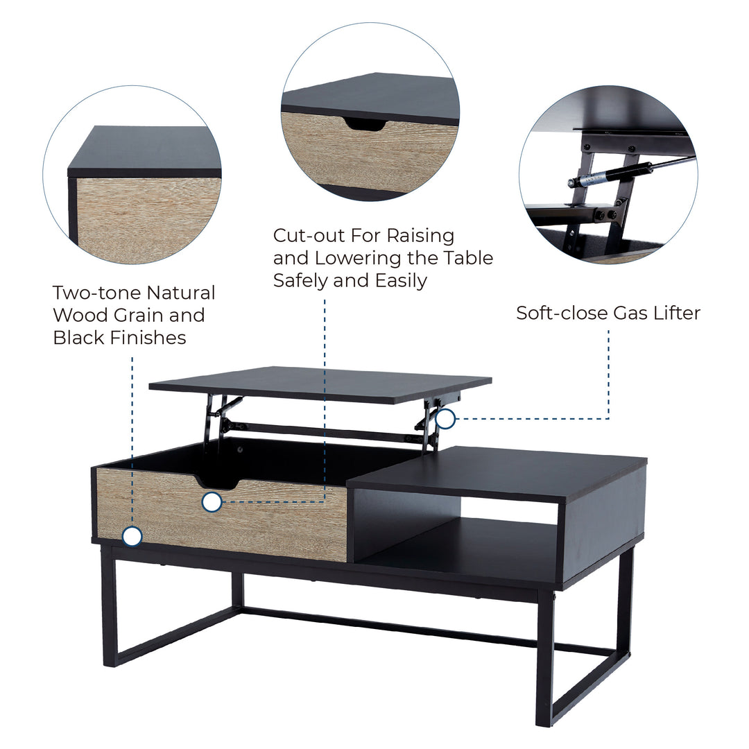 The coffe table shown with features: two tone natrual wood grain, table top riser, and soft close hinge.