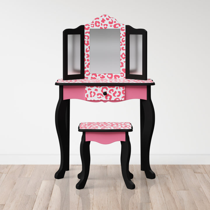 A kids vanity set with a black finish and pink and white cheetah print accents