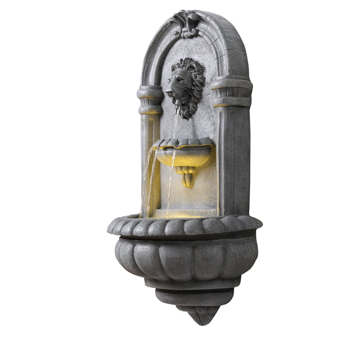 Teamson Home 32" Tiered Lion Head LED Outdoor Water Fountain, Natural Stone