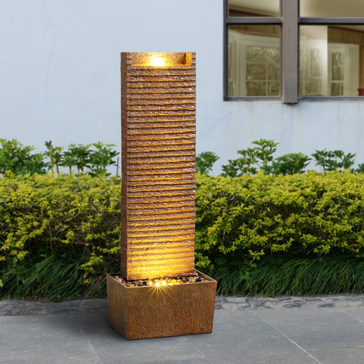 Ridged Texture Outdoor Water Fountain with Warm Glow Lighting