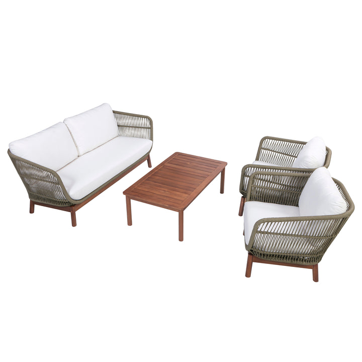 4-Piece Acacia Patio Conversation Set with Cushions, Sage Green & Natural Wood