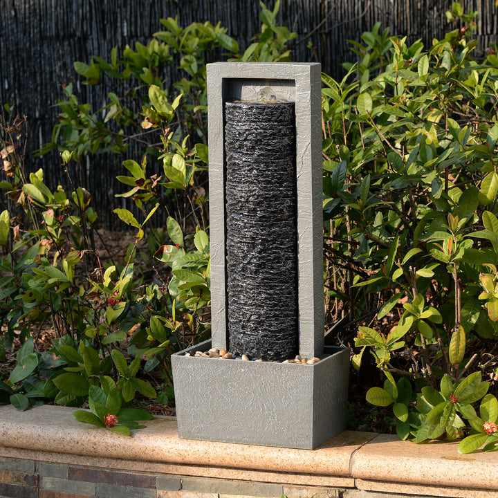 Framed Layered Rock Design Outdoor Water Fountain with Warm Glow Lighting