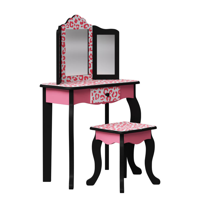 A kids vanity set with a black finish and pink and white cheetah print accents