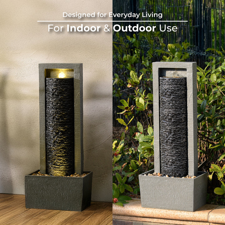 Framed Layered Rock Design Outdoor Water Fountain with Warm Glow Lighting