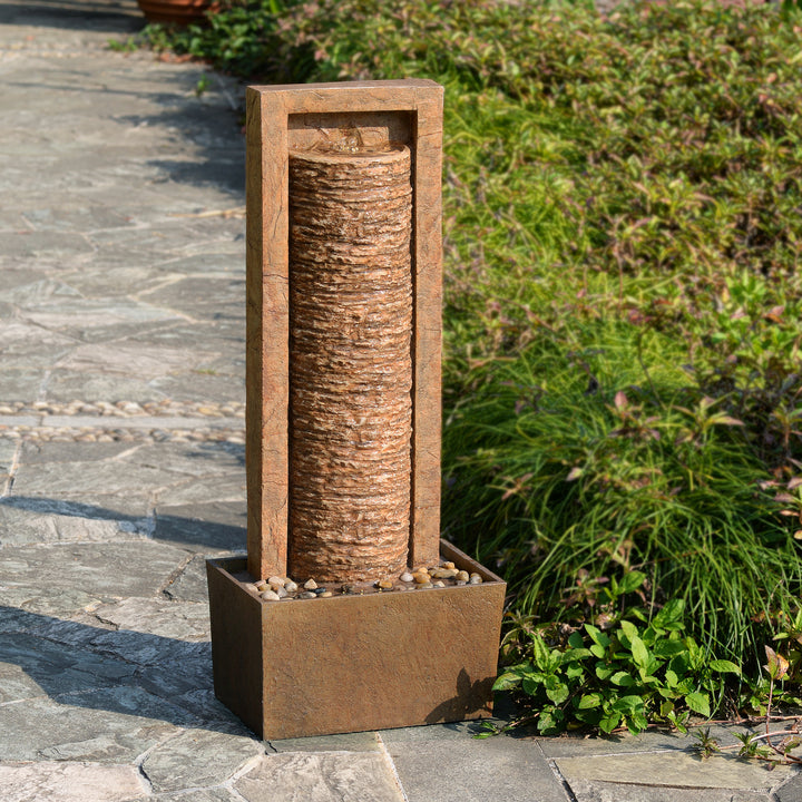 Framed Layered Rock Design Patio Water Fountain with Warm Glow Lighting