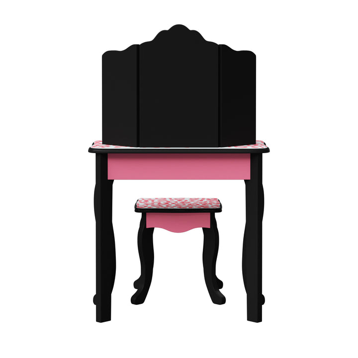 Back view of a child's black and pink vanity set