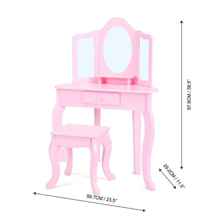 The dimensions in inches and centimeters of a pink vanity table and stool with a tri-fold mirror.