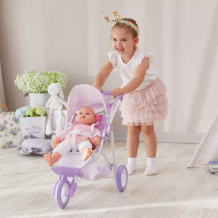 A girl pushing Olivia's Little World Twinkle Stars Doll Jogging Stroller, Purple.