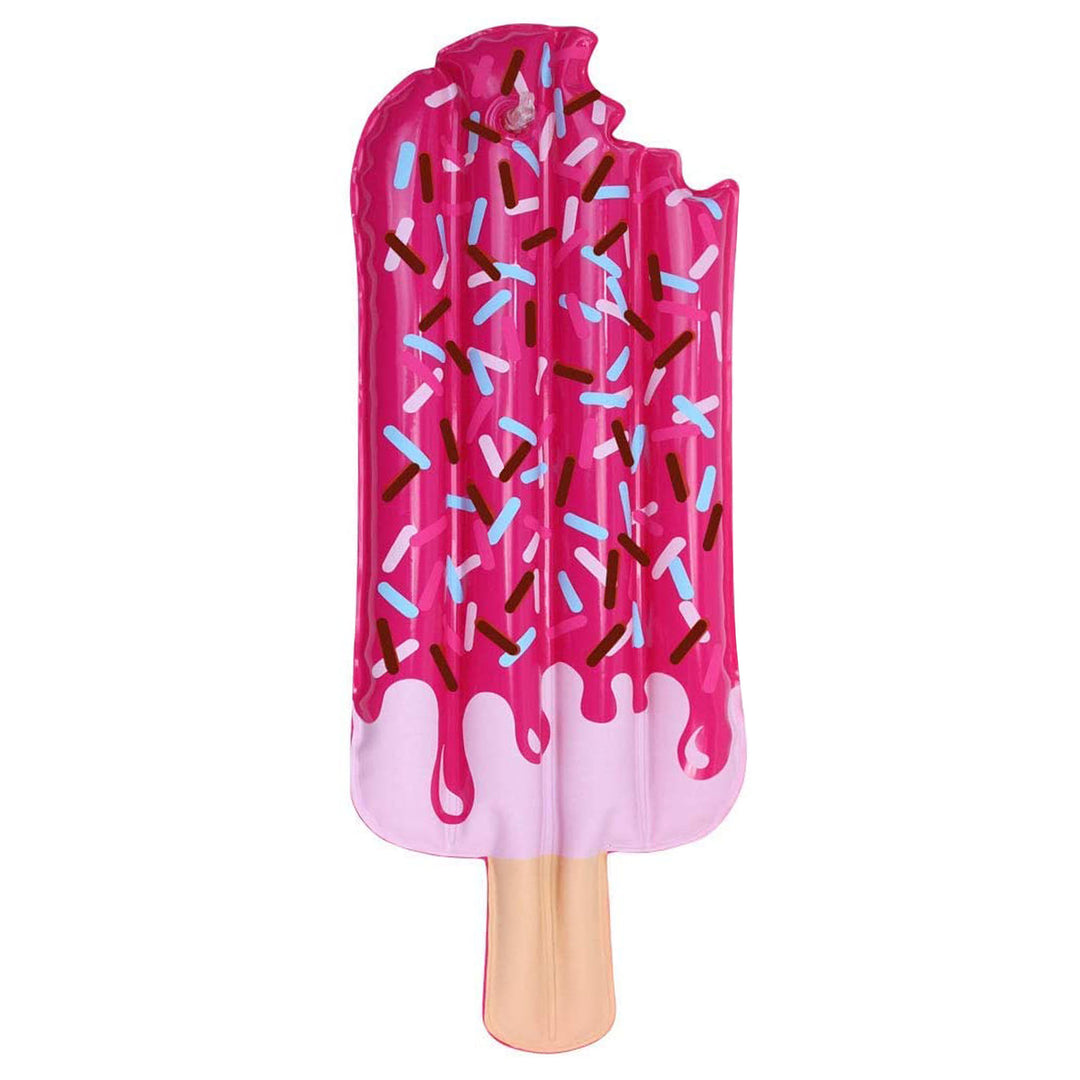 A pink popsicle-shaped inflatable raft for 18" dolls with sprinkles.