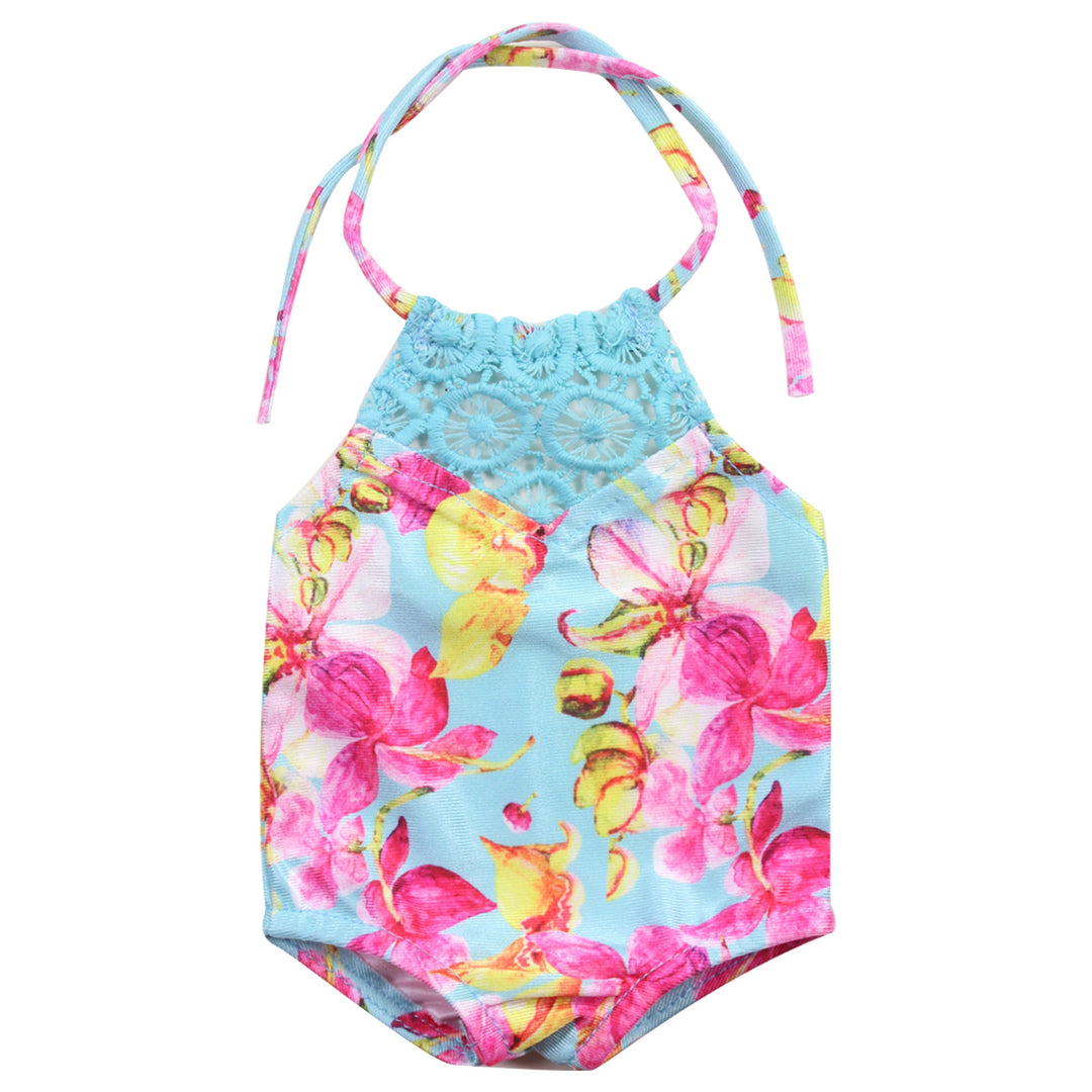 A blue and pink floral swimsiut for 18" Dolls.