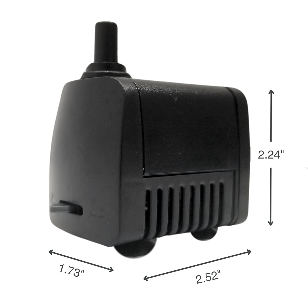 A black water pump with labeled dimensions: height 2.24 inches, width 1.73 inches, and length 2.52 inches.