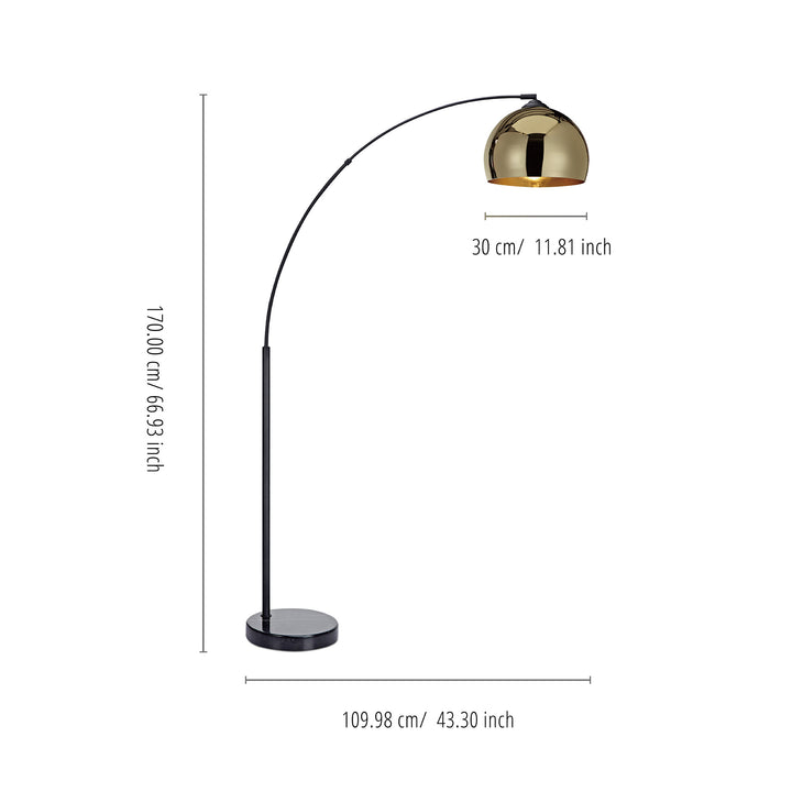 Dimensional graphic of an arc lamp with gold shade