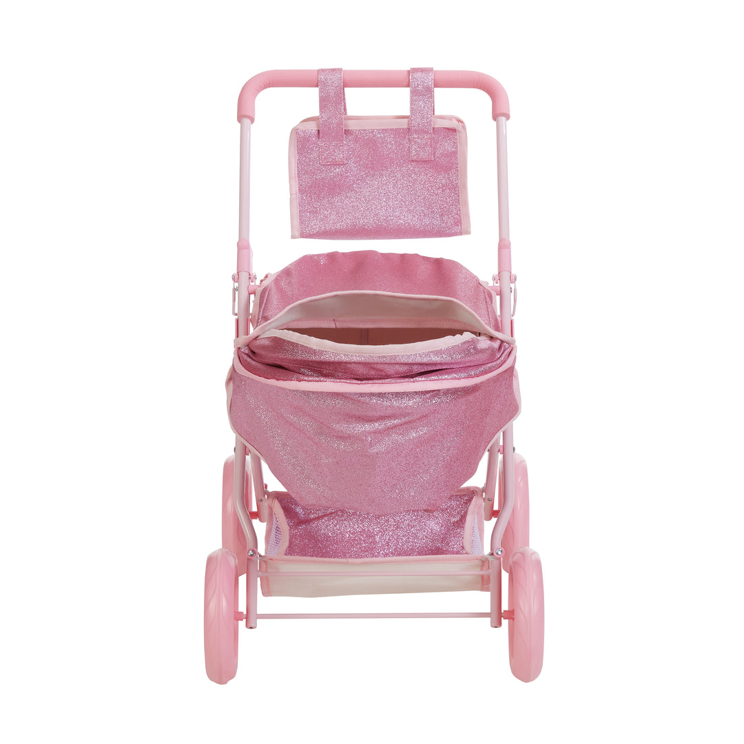 A child's pink glittery baby stroller view from the front