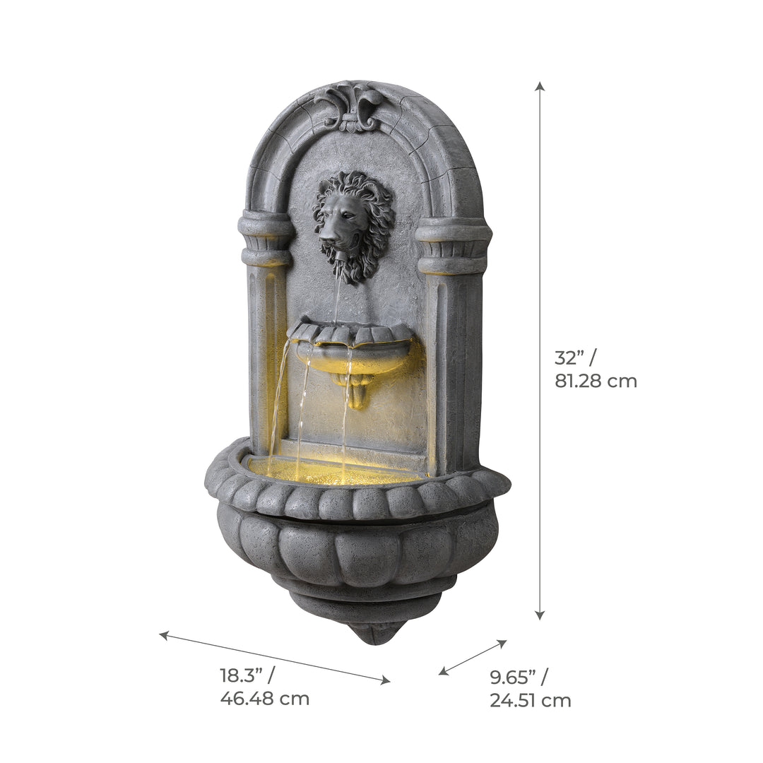 Teamson Home 32" Tiered Lion Head LED Outdoor Water Fountain, Natural Stone