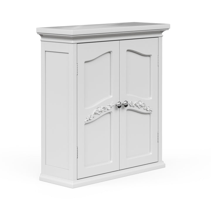 Sideview of a two-door wall cabinet with decorative scrollwork