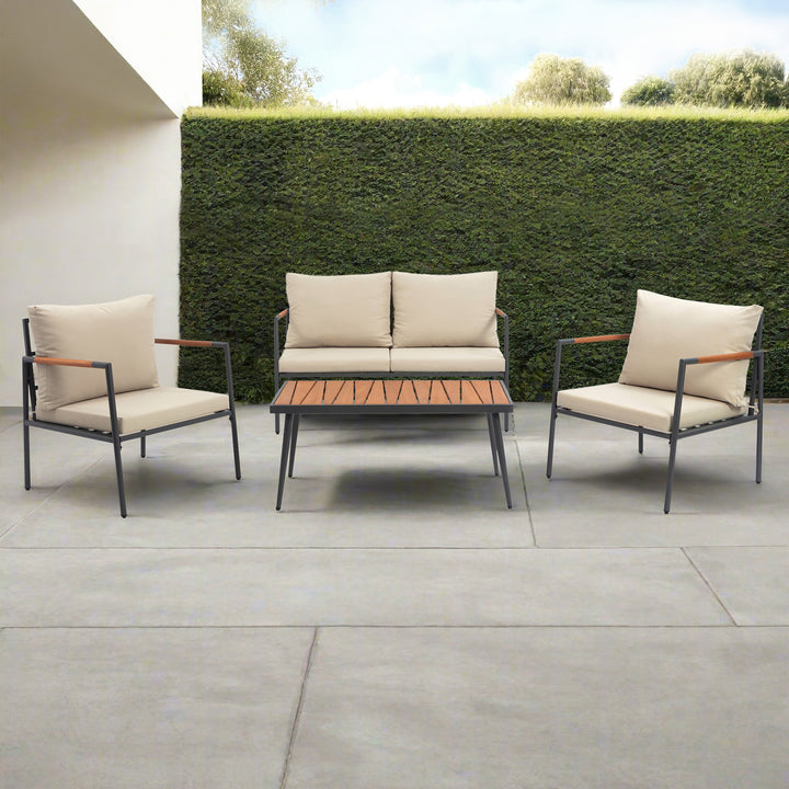 Cushioned Backrest & Wood Armrests Conversation Set Outdoor Patio Furniture