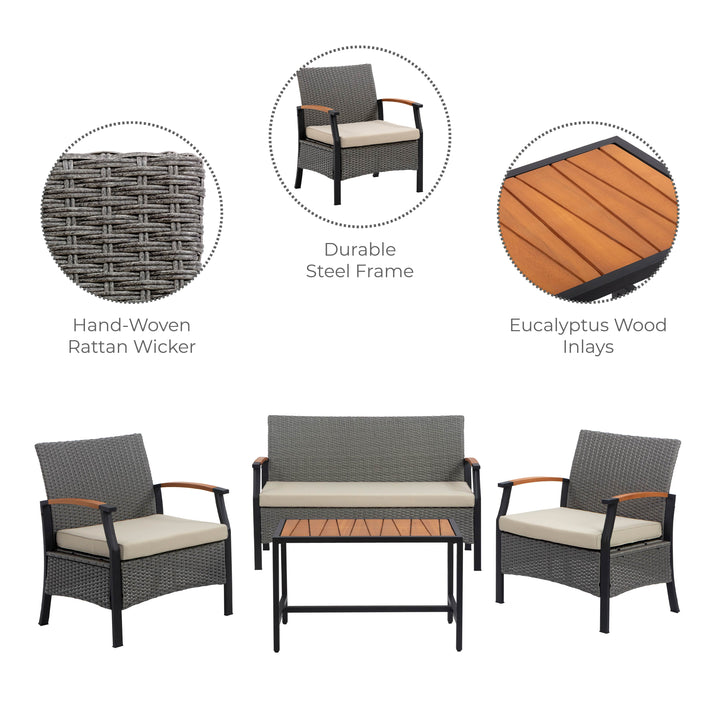 Wooden Armrests Outdoor Patio Furniture Conversation Set with Rattan Wicker Look