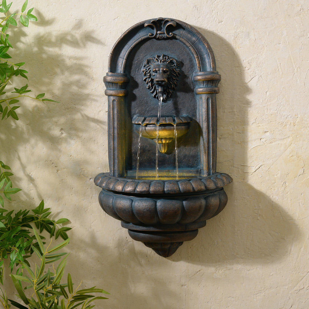 Teamson Home 32" Tiered Lion Head LED Outdoor Water Fountain, Antique Copper