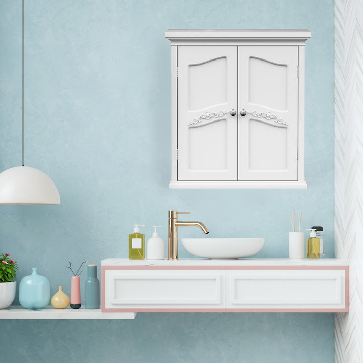 A two-door wall cabinet with decorative scrollwork mounted over a sink