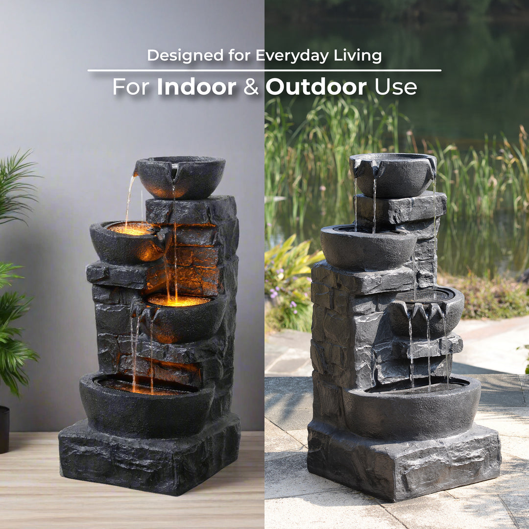 Teamson Home Cascading Stacked Stones Patio Water Fountain with Warm LED Light