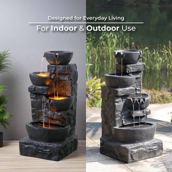 Teamson Home Cascading Stacked Stones Patio Water Fountain with Warm LED Light