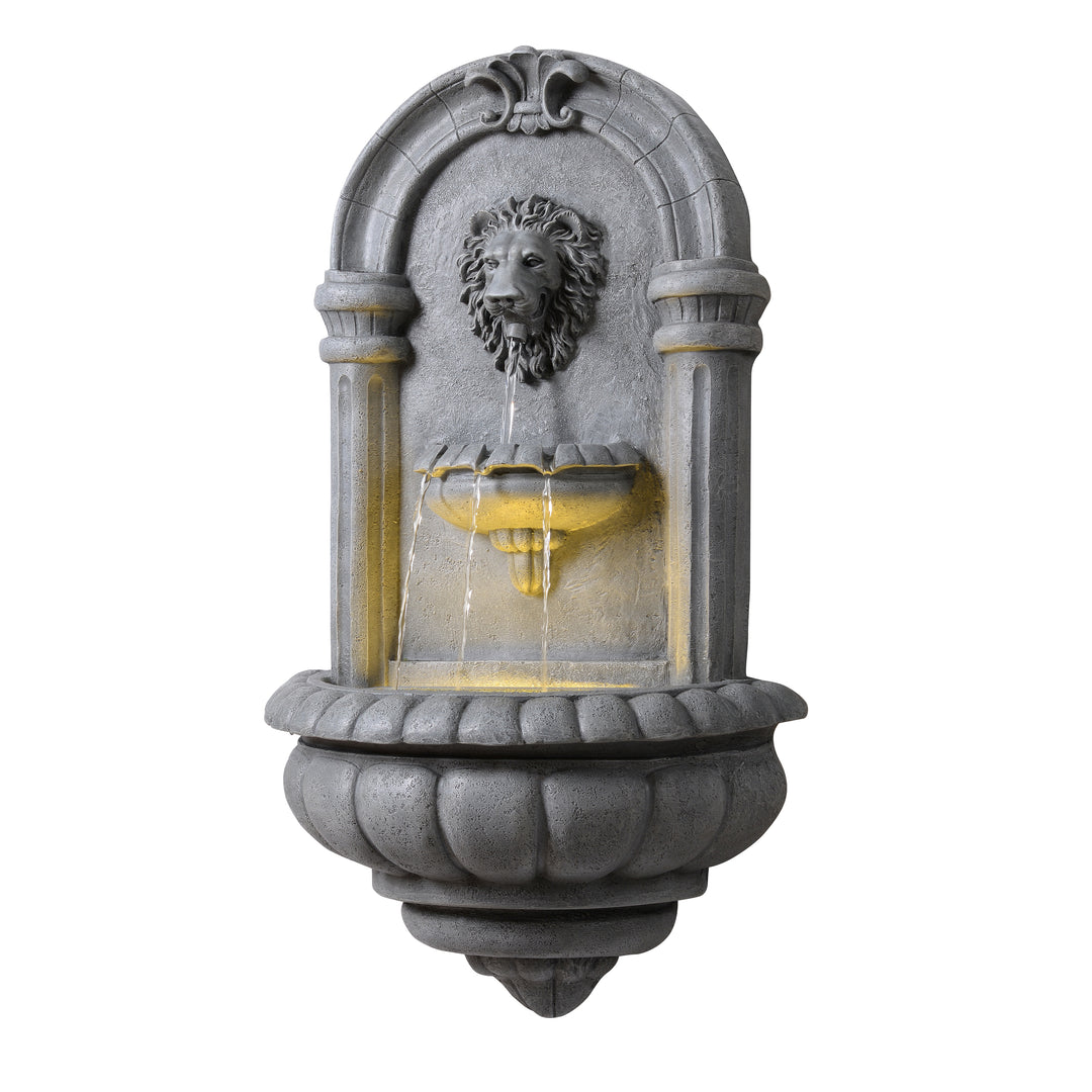 Teamson Home 32" Tiered Lion Head LED Outdoor Water Fountain, Natural Stone