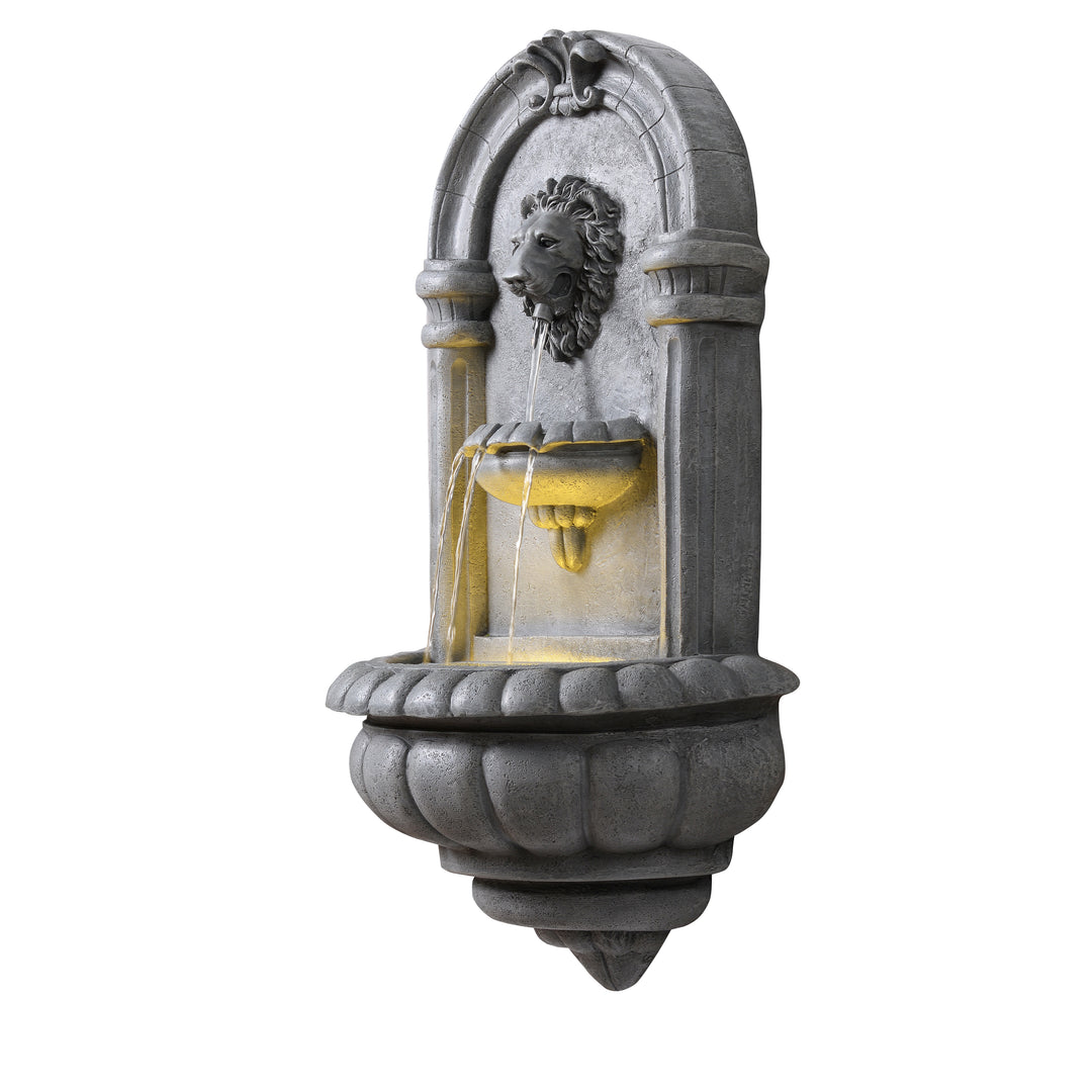 Teamson Home 32" Tiered Lion Head LED Outdoor Water Fountain, Natural Stone
