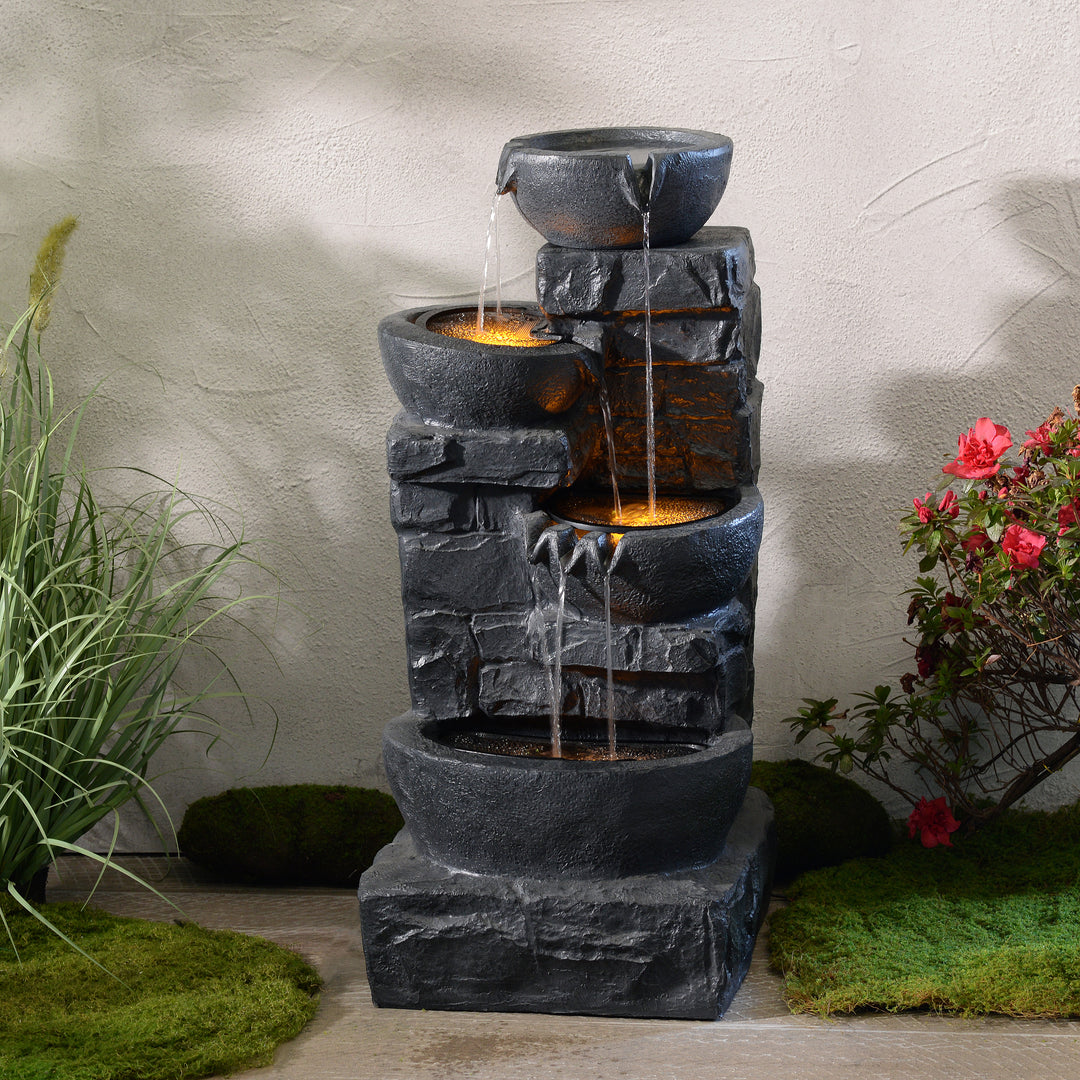 Teamson Home Cascading Stacked Stones Patio Water Fountain with Warm LED Light