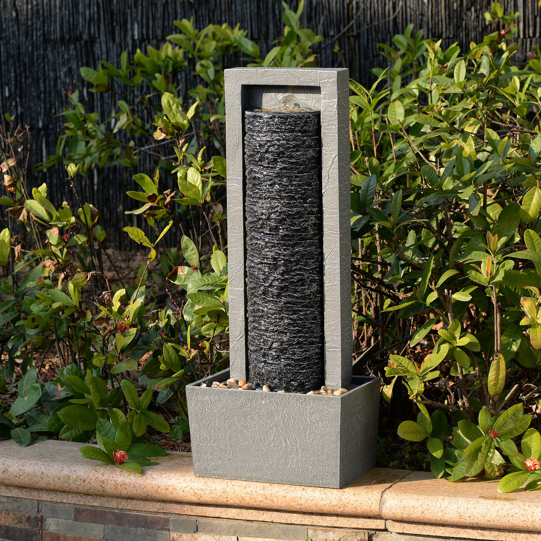 Framed Layered Rock Design Outdoor Water Fountain with Warm Glow Lighting