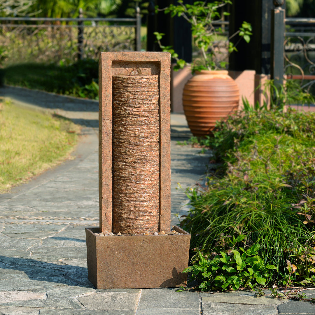 Framed Layered Rock Design Patio Water Fountain with Warm Glow Lighting