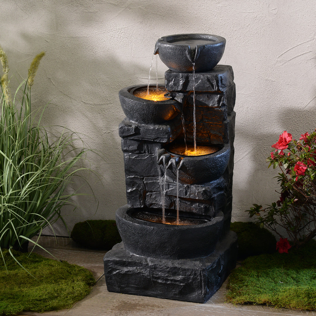 Teamson Home Cascading Stacked Stones Patio Water Fountain with Warm LED Light