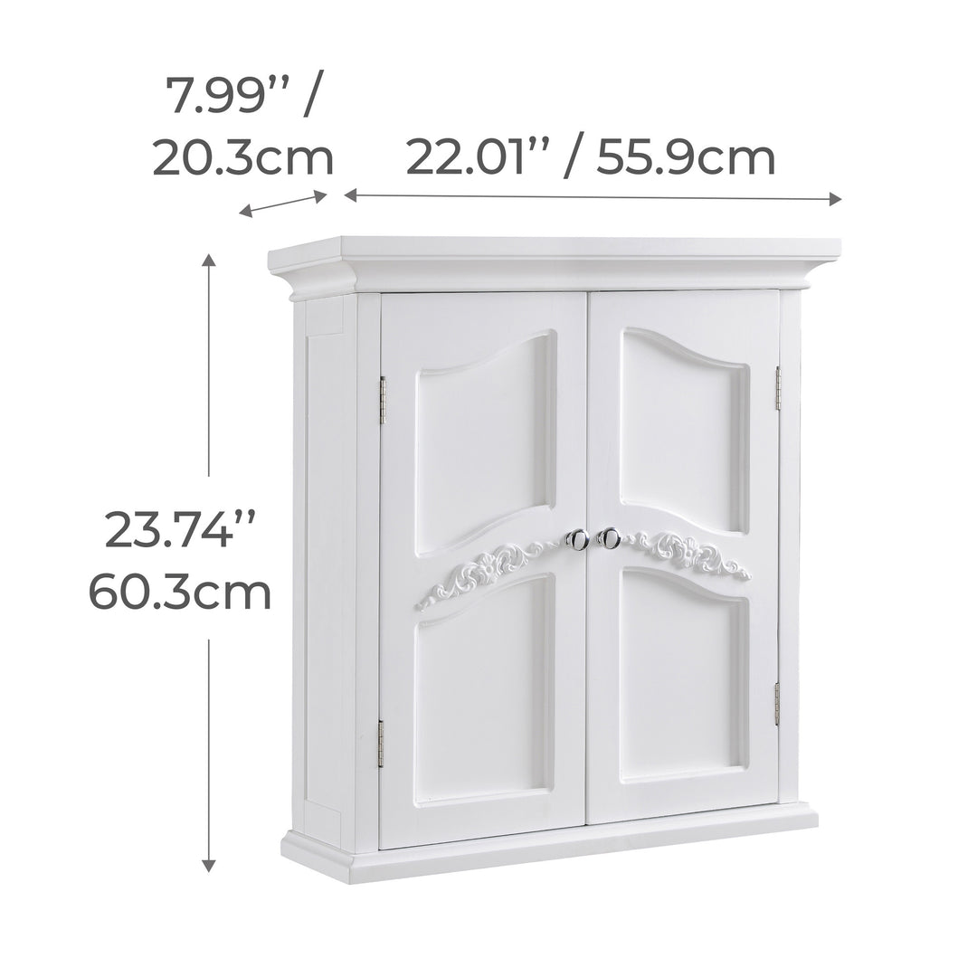 Dimensional graphic for a two-door wall cabinet in inches and centimeters